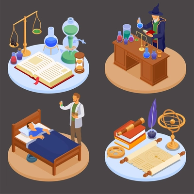 Ancient science concept set with alchemy and astronomy symbols isometric isolated vector illustration