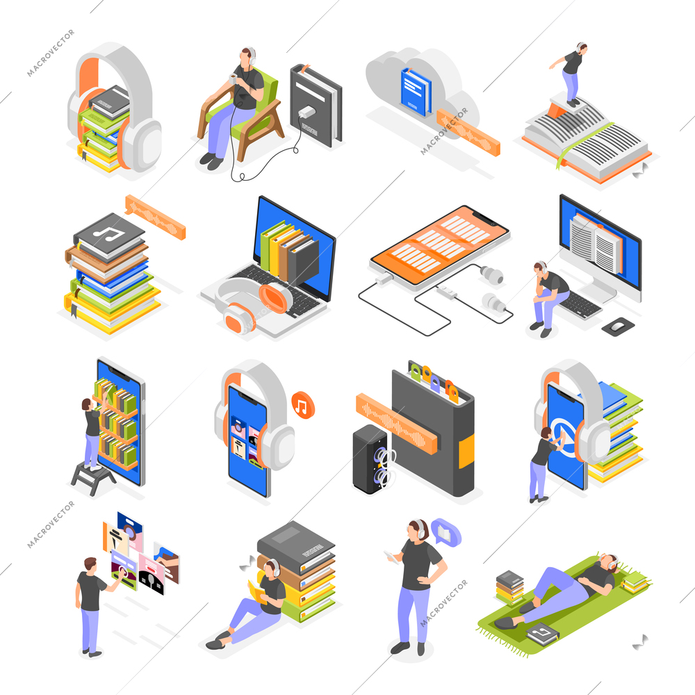 Audio books set of isometric icons with isolated gadget images people and stacks of library books vector illustration