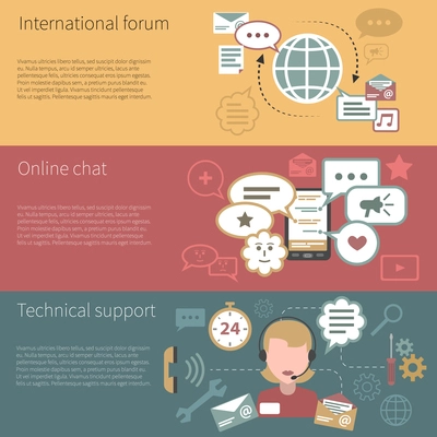 Chat banner horizontal set with international forum online technical support elements isolated vector illustration