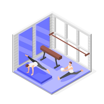 Gymnastics isometric composition with indoor view of gym room with two practicing athletes and gymnastic apparatus vector illustration