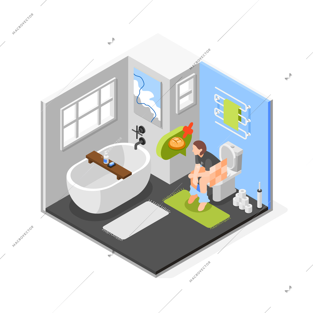 Gluten intolerance isometric composition with isolated view of toilet room with person sitting on toilet bowl vector illustration