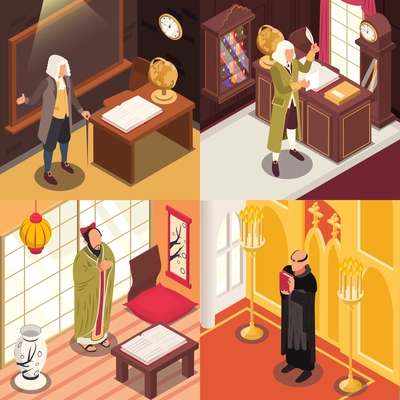 Famous philosophers isometric set of four square compositions with indoor views of ancient and vintage philosophers vector illustration