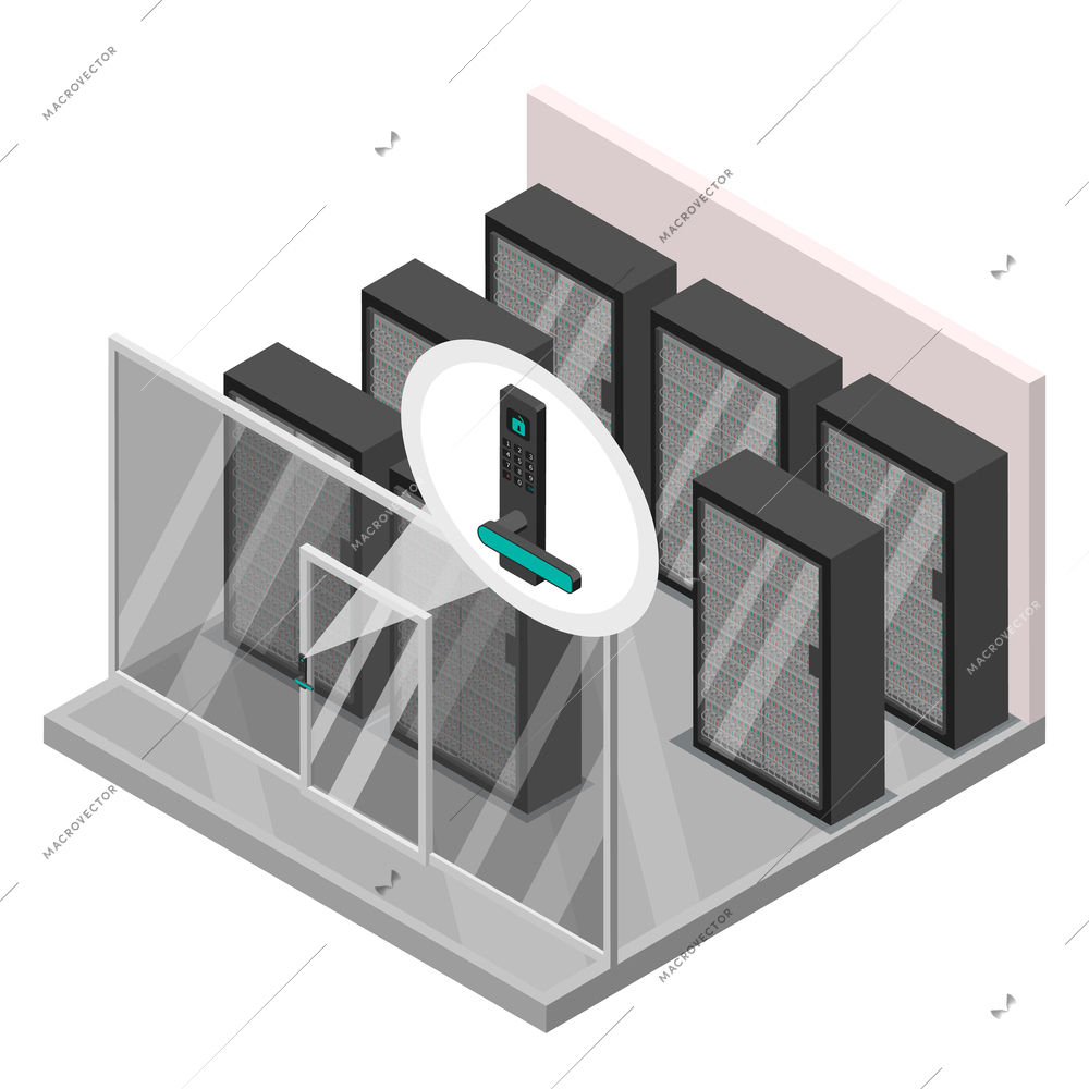 Access control system isometric composition with view of electronically locked door with set of server racks vector illustration