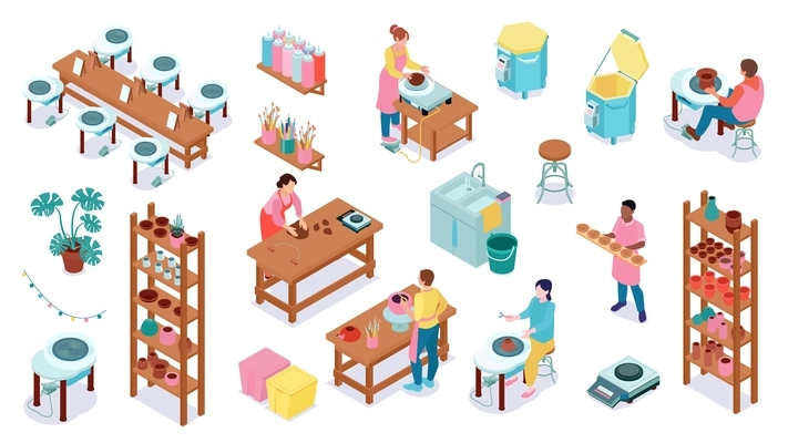 Isometric pottery color icon set tables production of pots shelves with finished products and various interior elements of the studio vector illustration