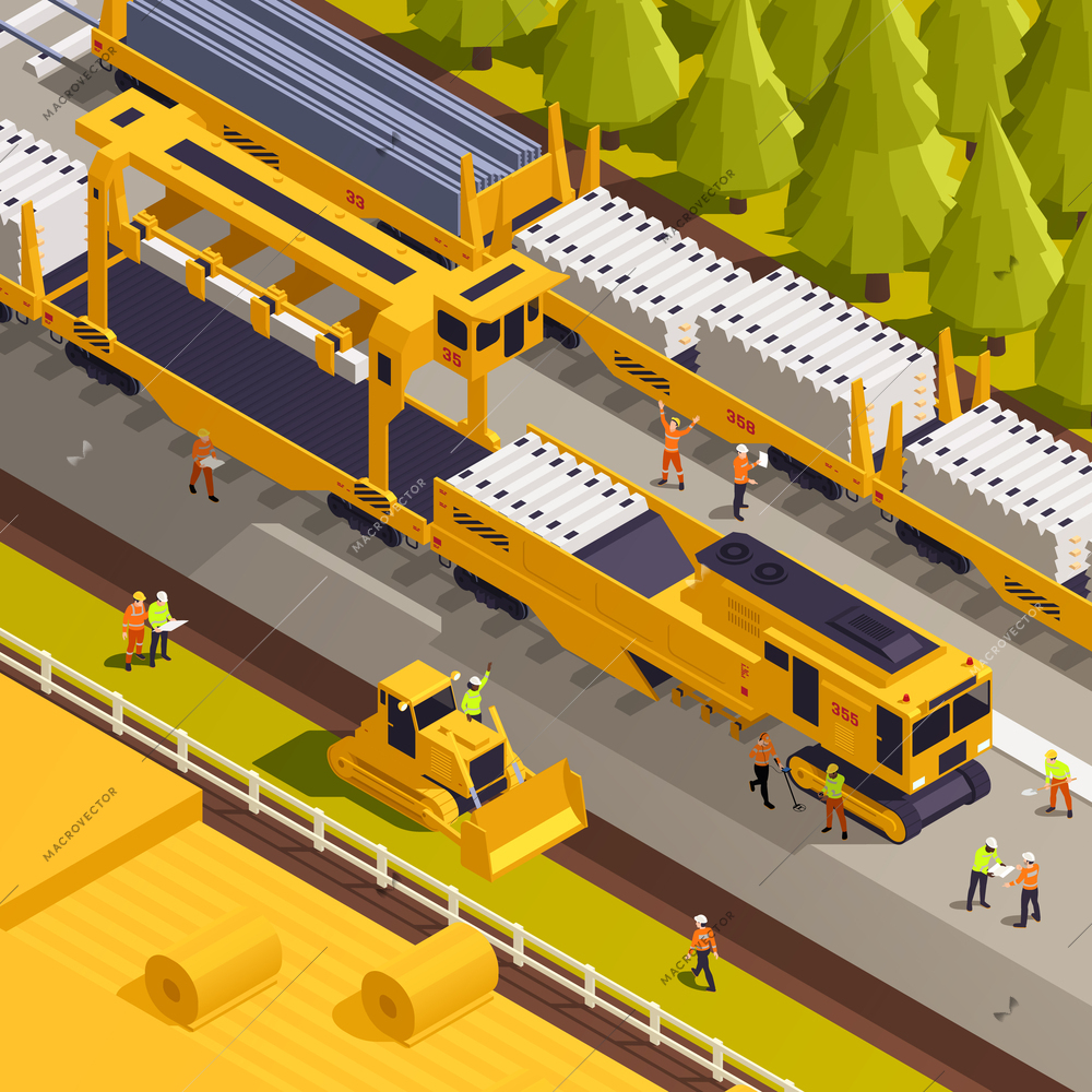 Railroad track laying construction vehicles railway equipment machines isometric composition with bird eye view of site vector illustration