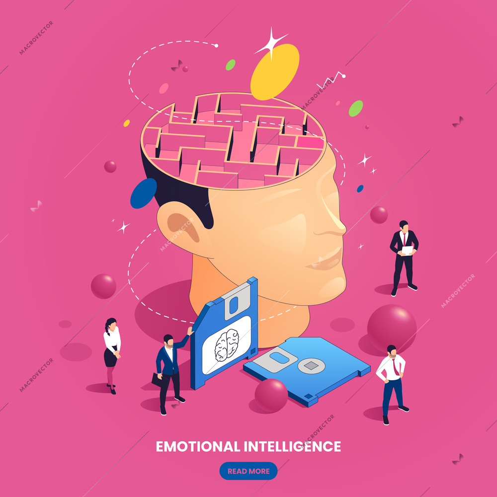 Emotional intelligence thinking mental concepts isometric composition with clickable button text and labyrinth in brain image vector illustration