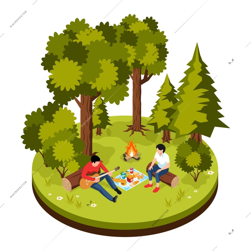 Isometric barbecue concept with people having picnic party near forest bonfire vector illustration