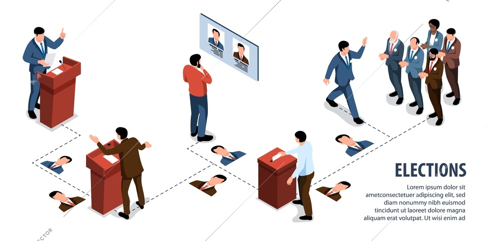 Isometric elections flowchart with political debate and voting symbols vector illustration