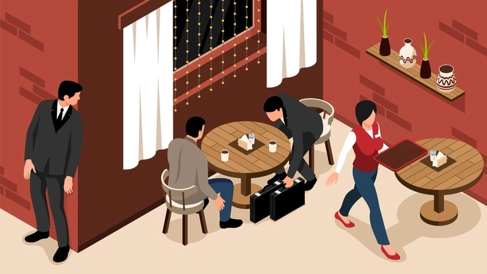 Isometric secret agent composition with spy having confidential meeting in cafe vector illustration