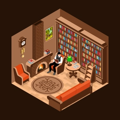 Isometric library interior with man reading book near fireplace vector illustration