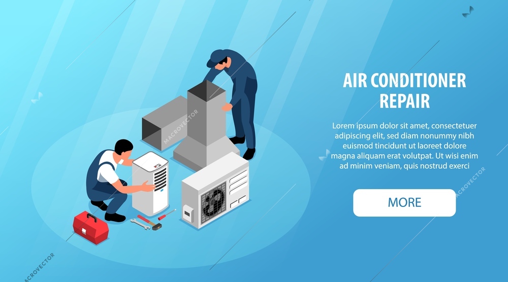 Isometric air conditioning horizontal banner with repairmen fixing cooling devices vector illustration
