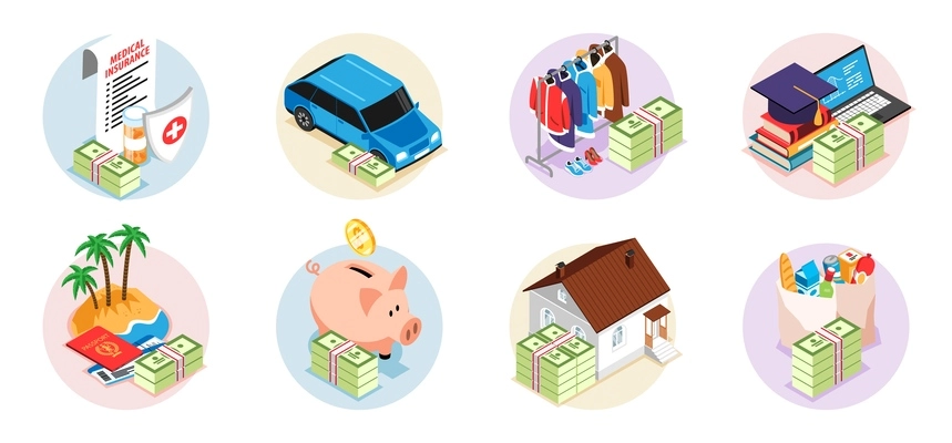 Isometric family budget compositions set with money stacks spending on different items isolated vector illustration