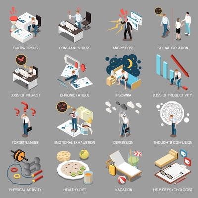 Professional burnout syndrome isometric icons set with emotional breakdown symbols isolated vector illustration
