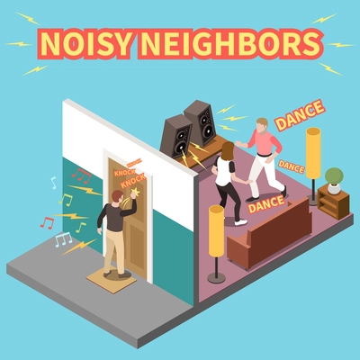 Noisy neighbors isometric concept with people having loud party vector illustration