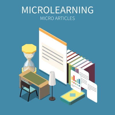 Microlearning isometric concept with micro articles trend symbols vector illustration