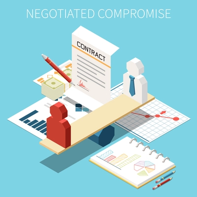 Business negotitation isometric composition with paper agreement symbols vector illustration