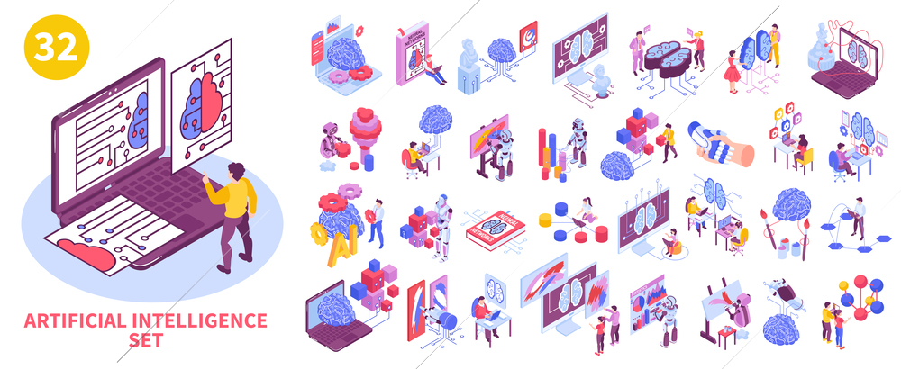 Isometric neural network artificial intelligence big set with isolated icons of futuristic technologies and human characters vector illustration