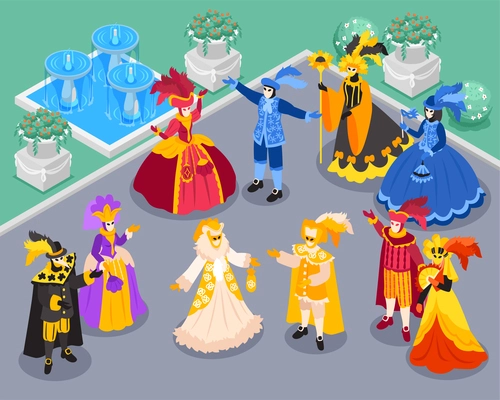 Isometric venetian costumes carnival composition with outdoor scenery of medieval park with fountains and fashionable people vector illustration