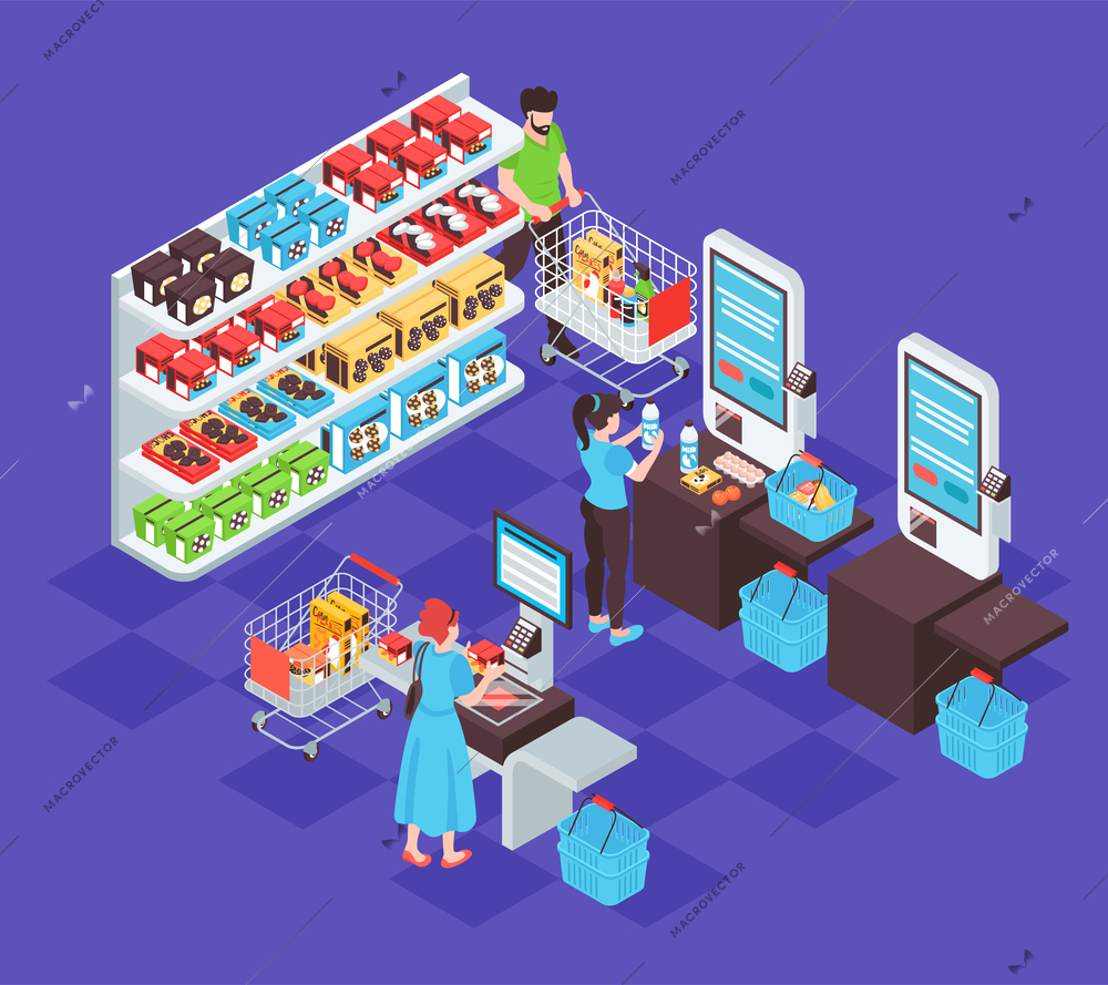 Isometric self service composition with isolated view of supermarket shelves and self checkout lane with terminals vector illustration