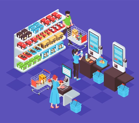 Isometric self service composition with isolated view of supermarket shelves and self checkout lane with terminals vector illustration