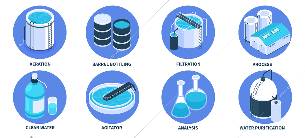 Isometric water purification technology composition with icons of barrel bottling factory buildings lab analysis and aeration vector illustration