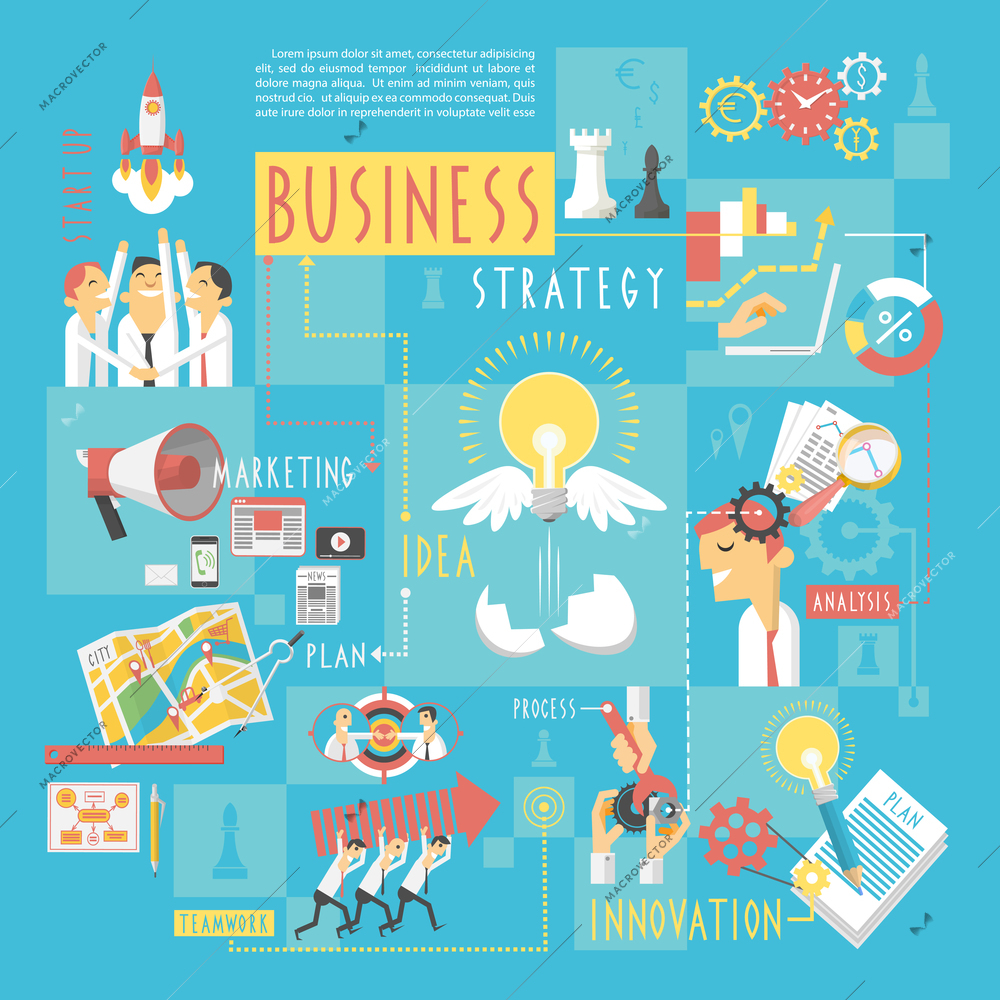 Startup business plan strategic schema with infographic elements poster of marketing analyzing  teamwork abstract sketch vector illustration