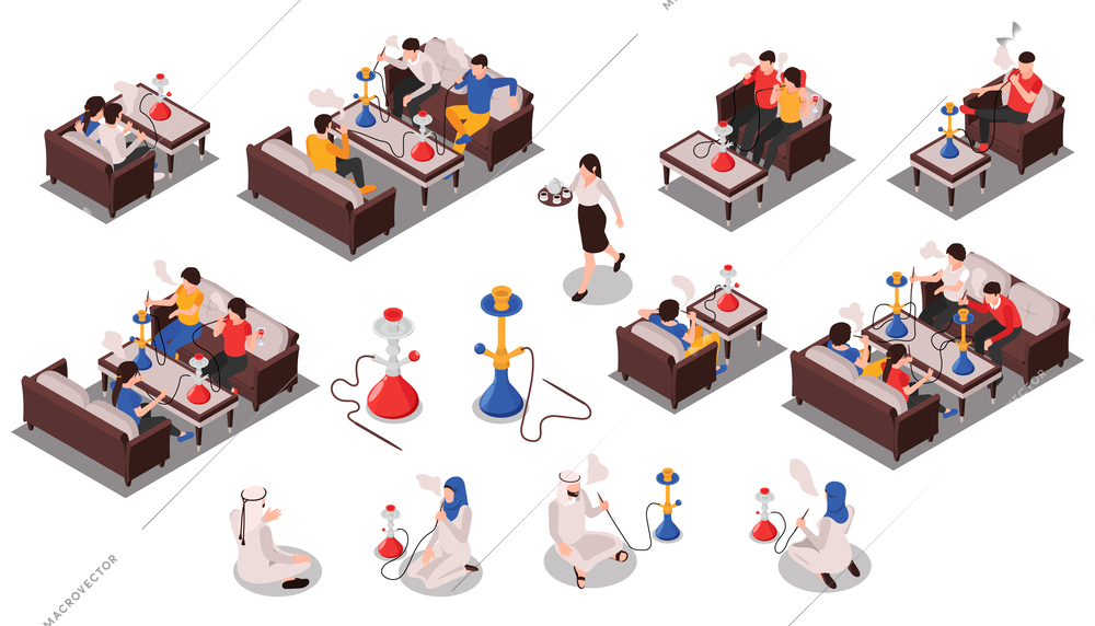 Hookah bar isometric set of people relaxing in restaurant and smoking hookah isolated vector illustration