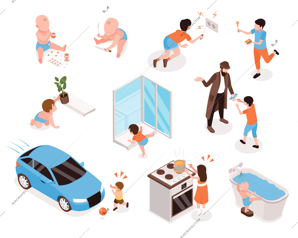 Children safety isometric set depicting various dangerous situations with kids at home and on road isolated vector illustration