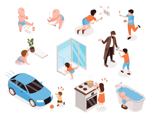 Children safety isometric set depicting various dangerous situations with kids at home and on road isolated vector illustration