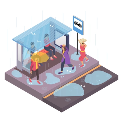 People in rainy weather hiding from downpour at bus stop isometric composition vector illustration