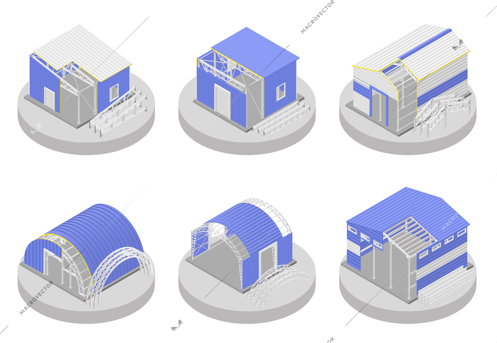 Metal construction isometric compositions set of different light building using as warehouse workshop garage isolated vector illustration