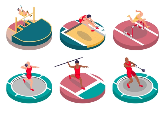 Light athletics sportsman isometric compositions set of long jump pole vault in height obstacle race javelin and core throwing isolated vector illustration