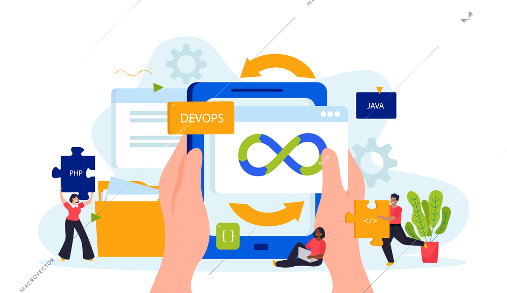 Devops engineer flat composition with pad in human hands and signs of programming languages for web and mobile applications vector illustration