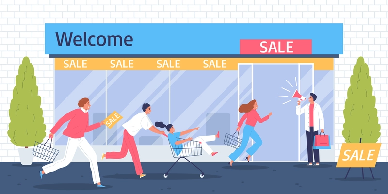 Big sale composition with people running to the store vectpor illustration