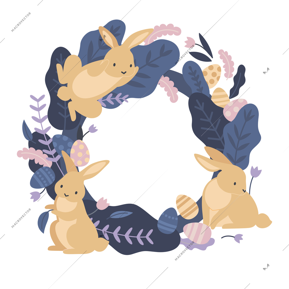 Rabbits easter composition with circle shaped border with doodle leaves eggs and rabbits surrounding empty space vector illustration