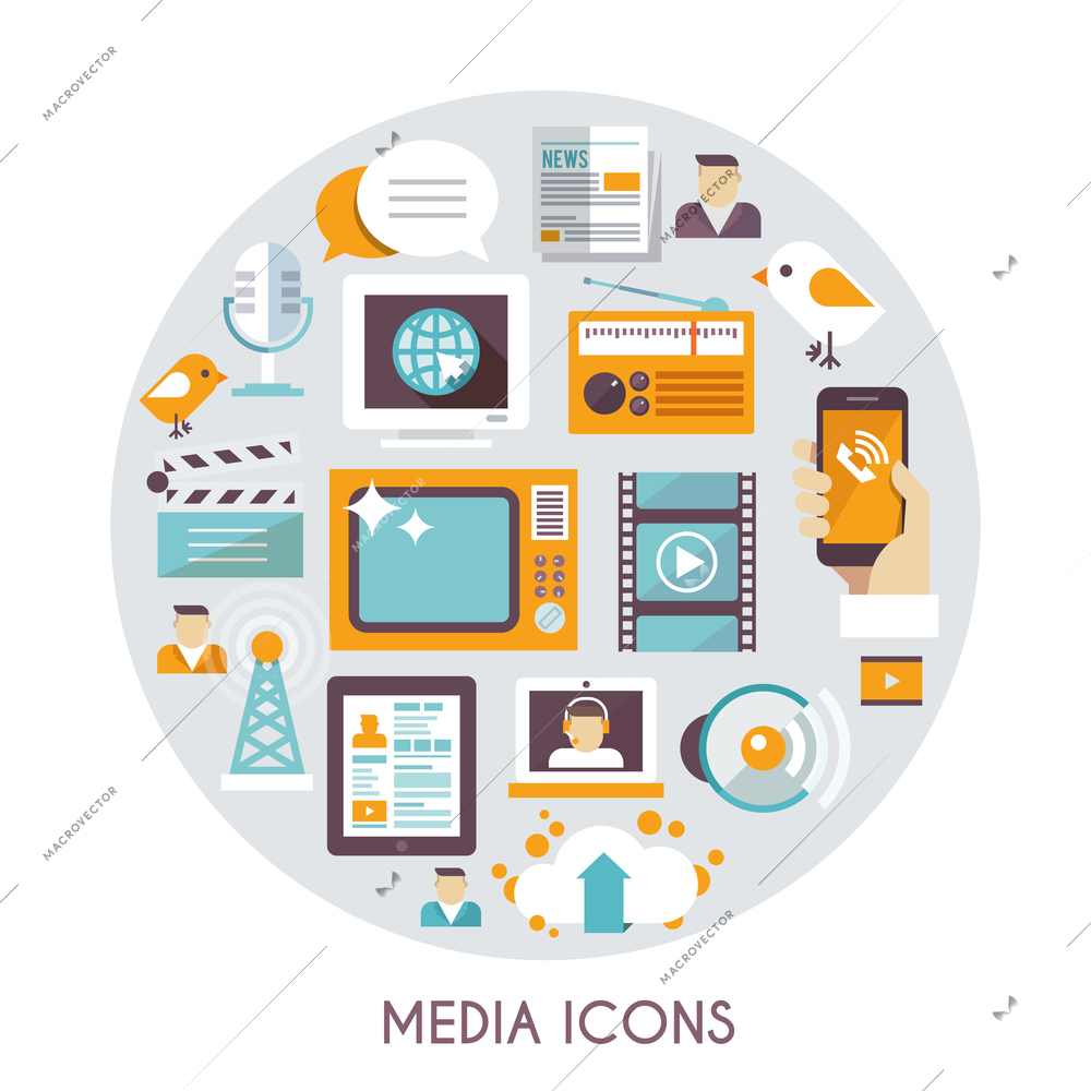 Mass media concept with social blog multimedia industry icons set vector illustration