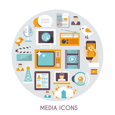 Mass media concept with social blog multimedia industry icons set vector illustration