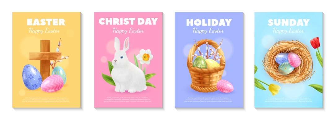 Set with four isolated vertical posters with compositions of easter symbols ornate text and colorful backgrounds vector illustration