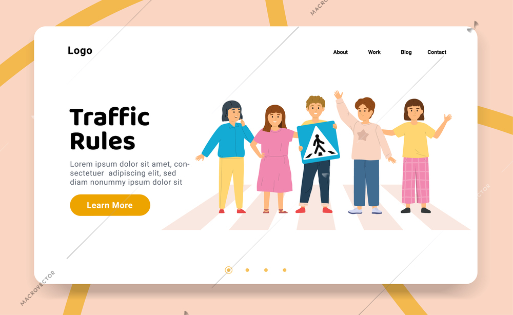 Children road rules web site landing page with kids standing on crosswalk clickable text links buttons vector illustration