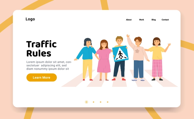 Children road rules web site landing page with kids standing on crosswalk clickable text links buttons vector illustration