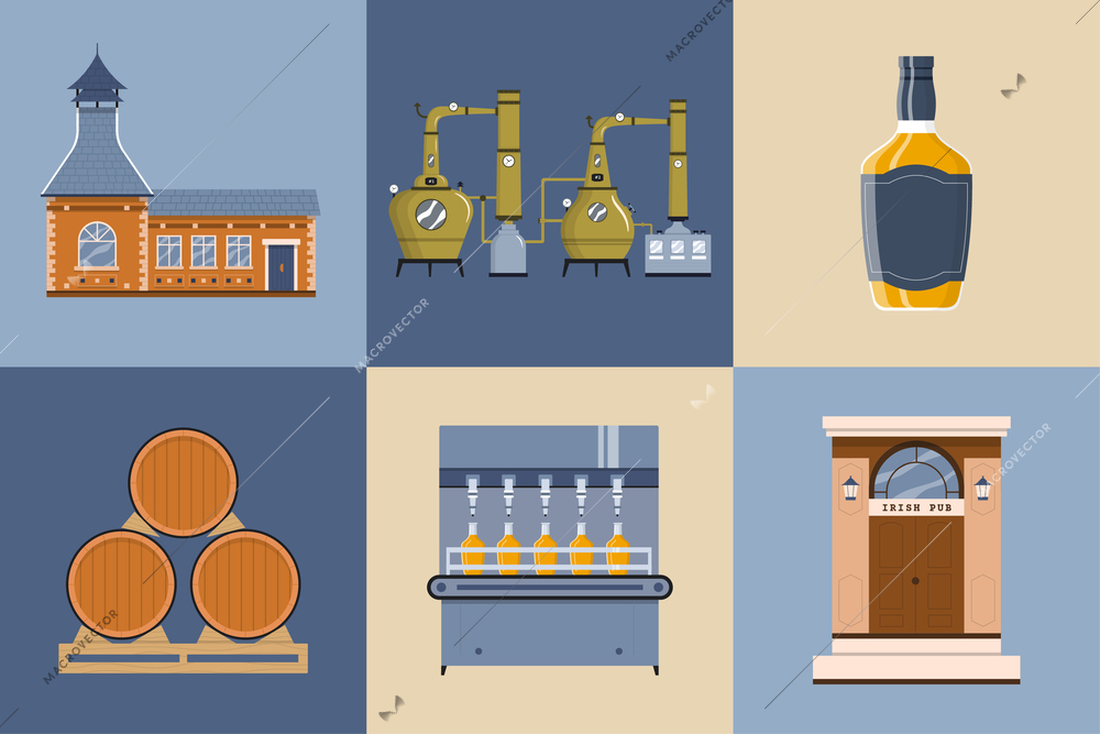 Whiskey production flat set with isolated compositions of vintage factory bulding tanks barrels and pub storefront vector illustration