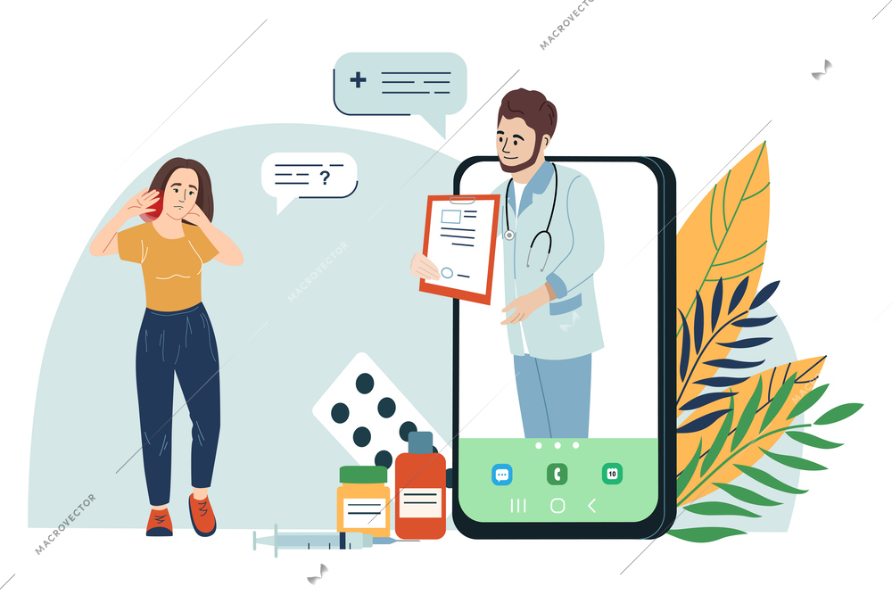 Physical pain and injury flat composition with human characters of suffering patient and doctor inside smartphone vector illustration