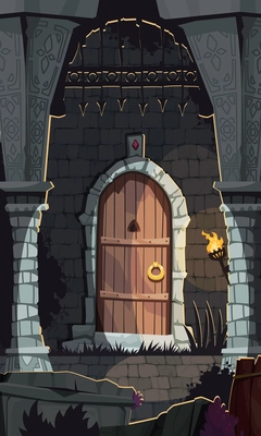 Dungeon cartoon poster with medieval castle door vector illustration