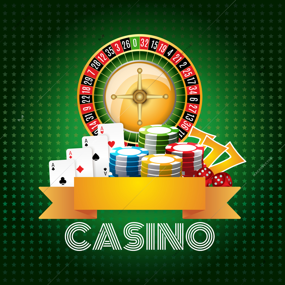 Casino club poster print with roulette aces set and chips on green background flat abstract vector illustration