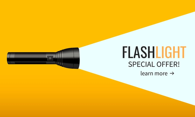 Flashlight AD web banner with side view of realistic device and text in light beam vector illustration