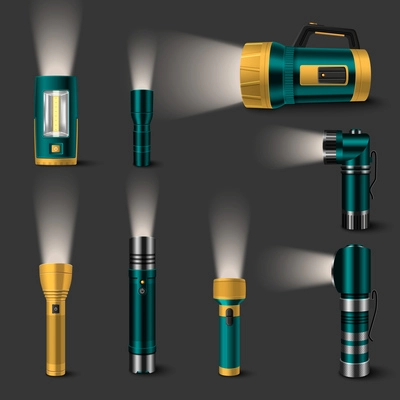 Side view of green and yellow flashlights with projection light beam realistic set vector illustration