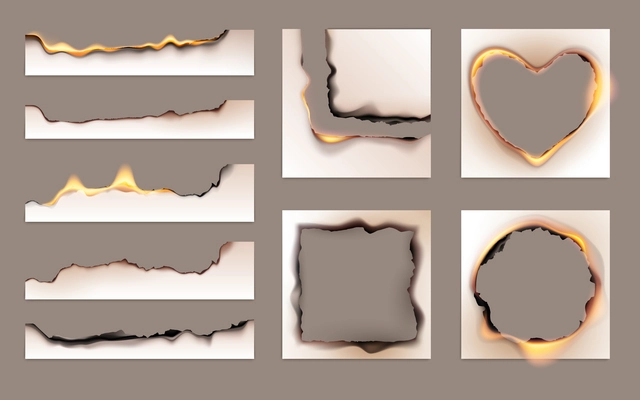 Burned paper realistic set with isolated images of paper sheets with burning edges and holes inside vector illustration