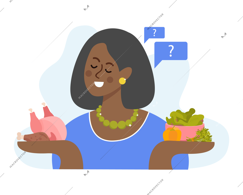 Macronutrients flat background composition with cartoon style black woman holding meat and greens on her hands vector illustration