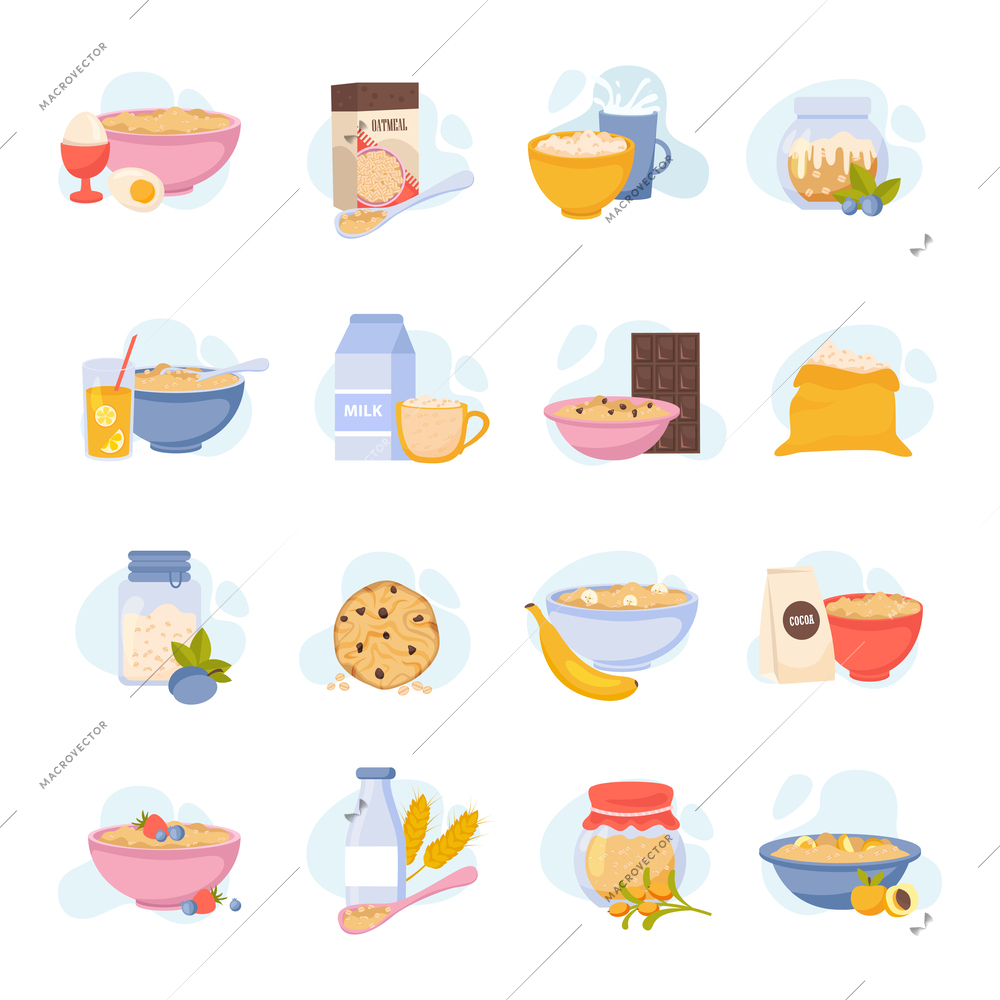 Oatmeal set of isolated flat icons with images of served dishes smoothie drinks and food products vector illustration