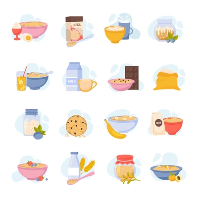 Oatmeal set of isolated flat icons with images of served dishes smoothie drinks and food products vector illustration